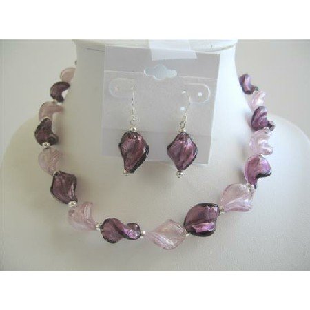 NS474 Red & Pink Enamel Jewelry Necklace & Earrings