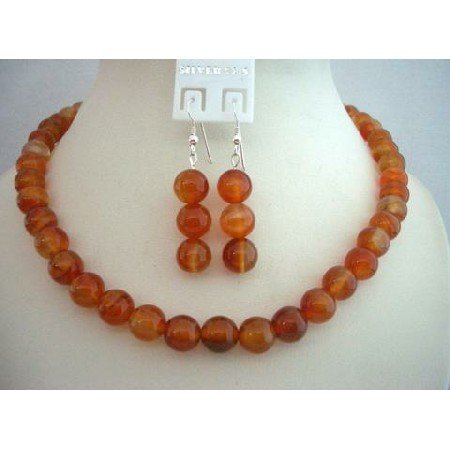 NS371 Genuine Carnelian Bead 9mm Custom Jewelry Necklace & Sterling Silver Earrings