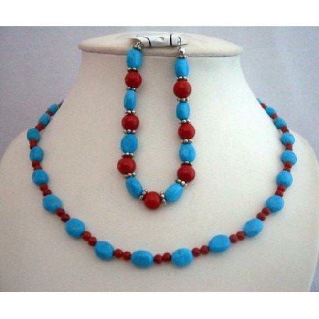 NS356 Handmade Flat Autumn Oval Turquoise & Coral Round Faceted Beads Necklace & Bracelet