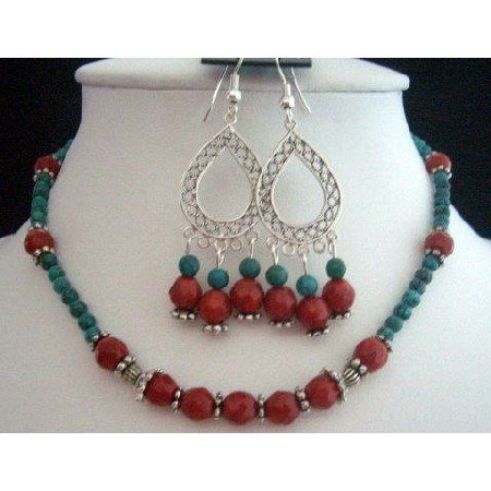 NS207 Handcrafted Jewelry Set Genuine Faceted Coral Beads With Green Turquoise Beads