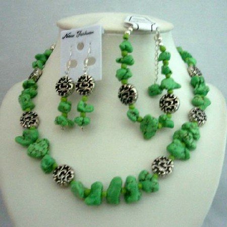 NS350 Stone Beads Dyed Lime Green Turquoise Beads & Bali Silver Necklace Earrings & BraceletSet