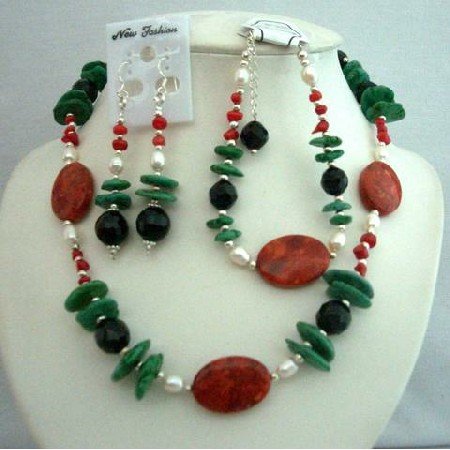 NS351Semi Precious Stone Beads w/ Pearls & Bali Silver Beautiful Necklace Earrings & BraceletSet