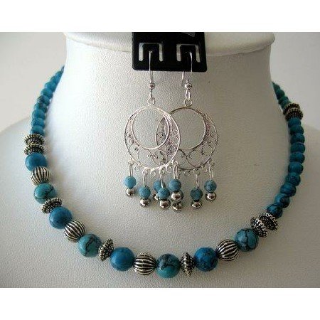 NS244 Handcrafted Necklace Set Turquoise Beads W/ Bali Silver & Sterling 92.5 Earrings
