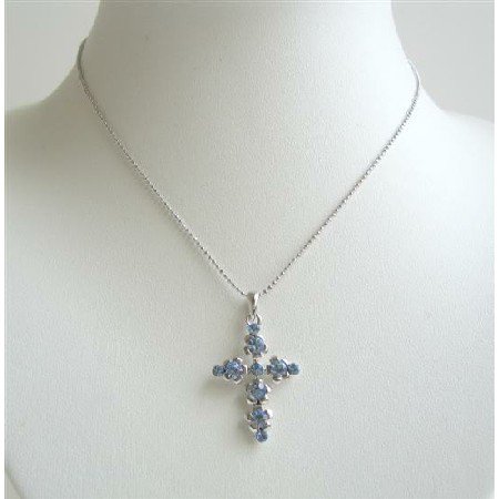 N714 Flashy Blue Cross Pendant Fully Embedded With BLue Cubic Zircon Striking Pendant Necklace