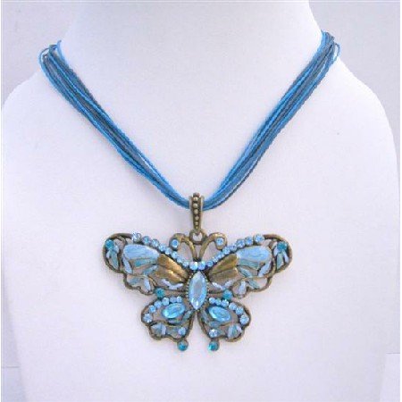 N087Aquamarine Pendant Multi String Necklace Aquamarine Crystals Butterfly Pendant Jewelry