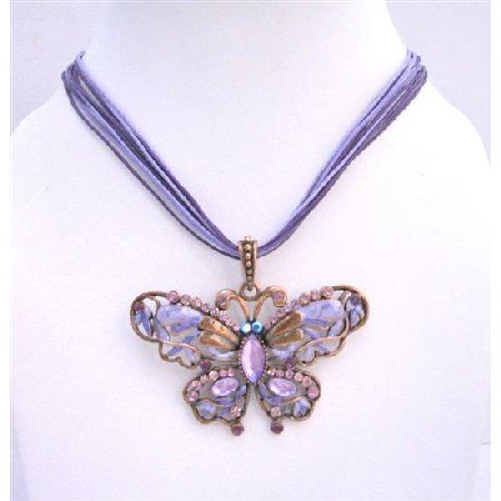 N385 Cool Soothing Delicate Purple Color Butterfly Necklace w/ Genuine Swarovski Crystals