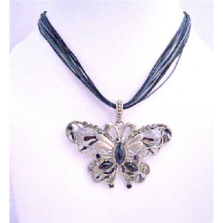 N088 Black Butterfly Mult String Necklace Crystals Butterfly Necklace Jewelry