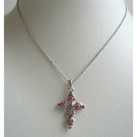 N713 Pink Cross Pendant Fully Embedded With Pink Cubic Zircon Striking Pendant Necklace
