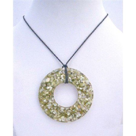N431 Olive Round Shell Pendant Necklace Black Chord Necklace