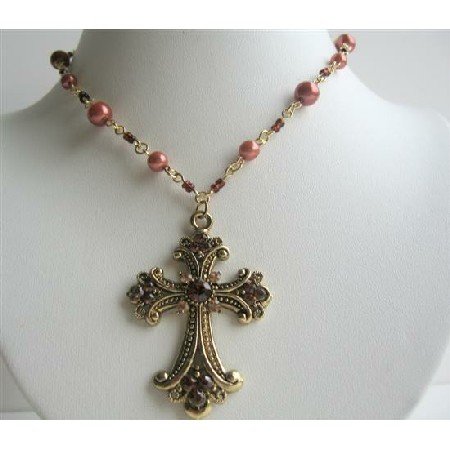 N525 Culture Pearls Necklace w/ Jet Crystals & Black Diamond Crystals Cross Pendant Choker