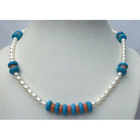 N412 Freshwater Pearls Turquoise Red Coral Bead Sterling Silver Necklace