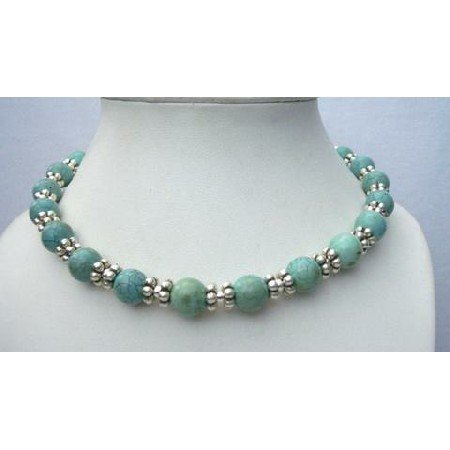 N396 Genuine 100% Nature 10mm Green Turquoise Necklace Round Beads w/ Bali Silver