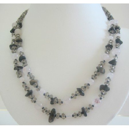 N499 Handmade White Opal Necklace w/ Smokey Quartz & Onyx Chips Sterling Silver Clasp Necklace