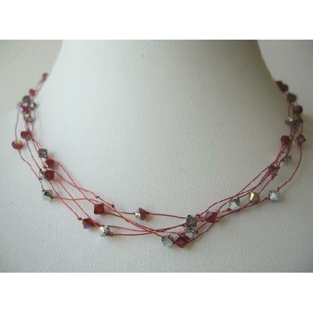 N346 Round Neck Necklace Synthetic Thread Nylon Multi Strands w/Siam Red Crystals