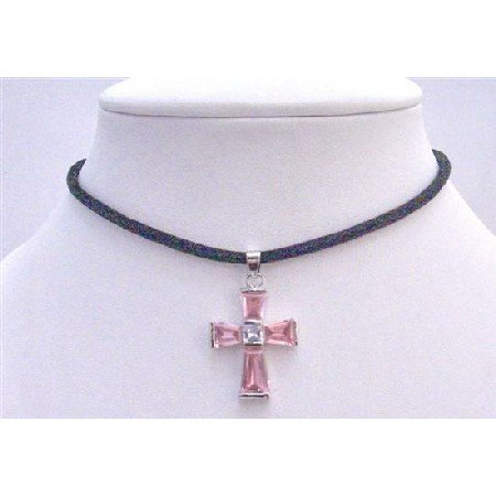 N562 Black Leather Cord Necklace w/ Pink Crystals Cross Pendant