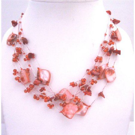 N106 Coral & Shell Multistring Necklace Red Beads Coral Shell Necklace