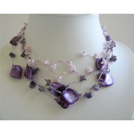 N425 Amethyst Nugget Purple Shell & Beads Necklace Multi String Amethyst Tone Necklace