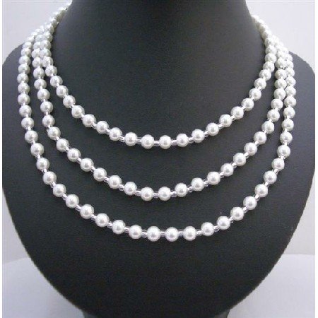 N516 White Faux Pearls Long Necklace w/ Glass Beads 58 Inches long Necklace