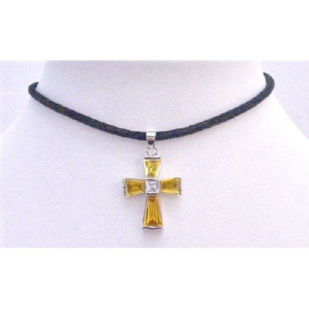 N574 Gold Cross Pendant Necklace Leather Cord Shimmering Gold Cross Penant