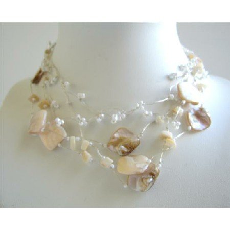 N399 Fancy Beads Shell Natural Color Necklace Accented In Silk Sleek chain w/ Multistrands Necklace