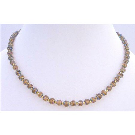 N086 Smoked Topaz Glass Beads Genuine Glass Beads Necklace w/ Golden Glass Spacer Necklace