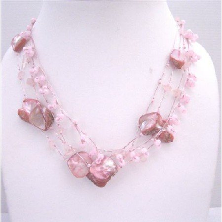 N081 Beautiful Pink Shell Rose Quartz Nuggets Necklace Multistring Pink Rose Quartz w/ shell
