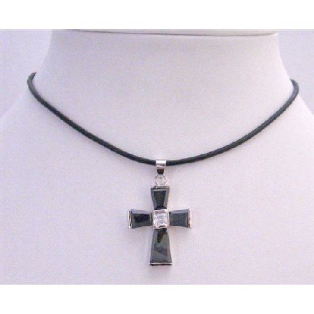 N269 Black Cross Pendant Leather Cord Necklace w/ Crstal Cross Pendant Necklace