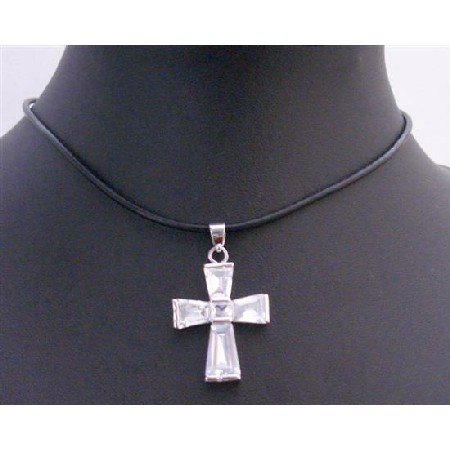 N428 Clear Crystals Cross Pendant Necklace Leather Cord Beautiful Cross Pendant