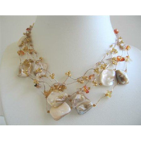 N564 Golden Beads Multi Shell In Multstrings Necklace