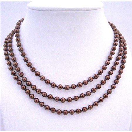 N295 Beaded Pearls Espresso Pearls Long Necklace 56 Inches Can Wear 2 or 3 Stranded Necklace