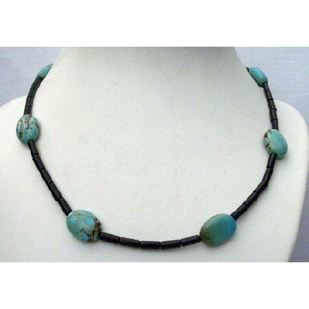 N408 Custom Jewelry Genuine Onyx Tube Beads w/ Genuine Flat Autumn Turquoise Bead Necklace