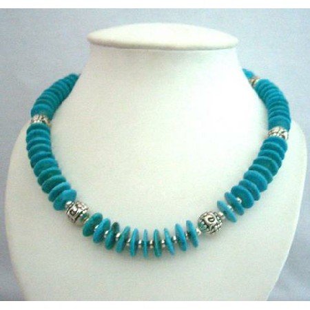 N364 Handcrafted Genuine Turquiose Rings Beads w/ Bali Silver Metal Necklace