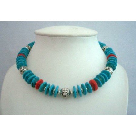 N363 Traditional Genuine Coral & Turquiose Rings Beads w/ Bali Silver Metal Handcrafted Necklace