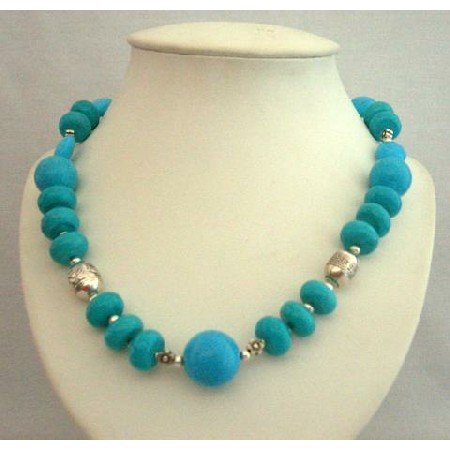 N357 Handcrafted Turquoise Jewelry Genuine Fine Turquoise Necklace w/ Bali Silver Spacing