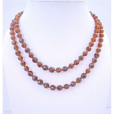 N314 50 Inches Long Necklace Dark Smoked Topaz Simulated Crystals Round Beads Necklaces