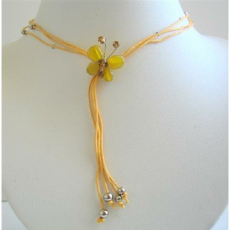 N423 Yellow Leamon Butterfly Necklace w/ Beautiful Tassel Necklace