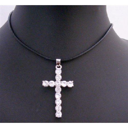 N656 White Cross Pendant w/ Black Leather Cord Necklace Clear Crystals Cross Pendant