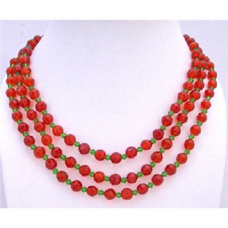 N102 Red Long Necklace Red Glass Beads w/ Simulated Green Crystals Long Necklace