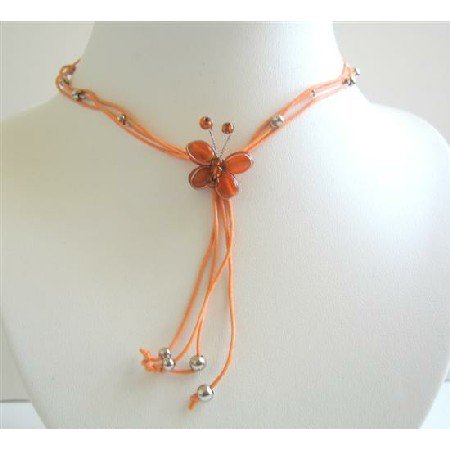 N424 Multistranded Orange Necklace w/ Very Pretty Orange Butterfly Necklace