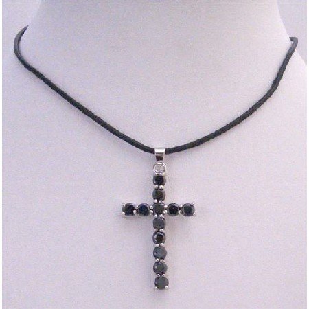 N290 Sparkling Crystals Cross Pendant Long Black Cross Pendant Necklace Leather Cord Necklace