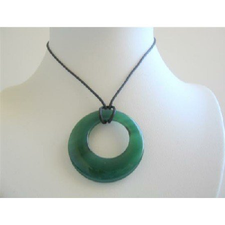 N104 Gorgeous Green Glass Round Pendant Necklace Black Chord Necklace w/ Glass Pendant