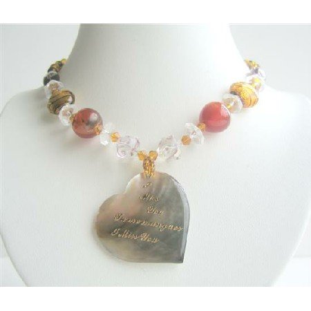 N577 Shell Heart Pendant w/ Words I Miss You In English & French Mutli Fancy Beaded Necklace