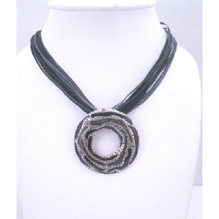 N276 Stylish Classy Black Multistranded Round Pendant Necklace w/ Black Diamond Rhinestones