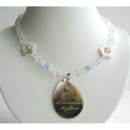 N244 Oval Shell Pendant Necklace & Words On Pendant My Love Mon Amour New!!