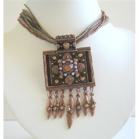 N459 Vintage Confetti Pendant Multi String w/ Simulated Golden Brown Pendant Jewelry