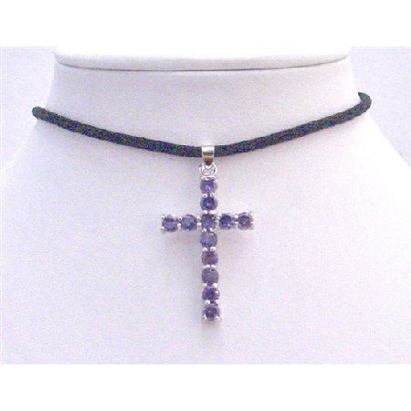 N582 Fashionable Necklace Jewelry w/Simulated Crystals & Blue Cross Pendant Dangling