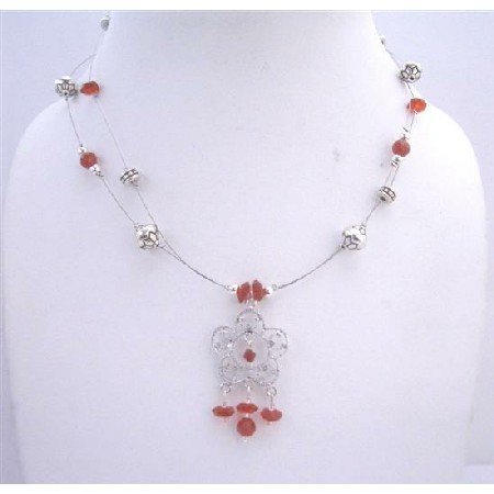 N417 Red Bali Silver Beaded Wire Necklace Double Stranded w/ Silver Plated Pendant
