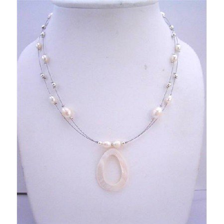 N451 Cream Shell Pendant Freshwater Pearls w/ Bali Silver Beads Double Stranded Wire Neckalce
