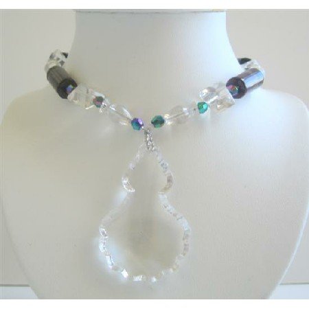 N475Transparent Glass Pendant Long Necklace Black & White Beads Necklace 26 Inches Necklace