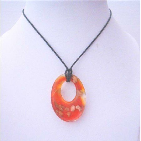 N111Murano Glass Oval Citrine Orange Pendant Hand Painted Pendant w/ Black Chord Necklace